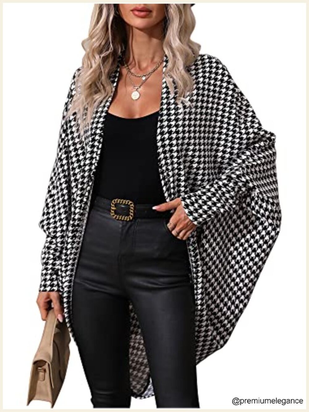 Houndstooth Blazer Jacket Batwing Long Sleeve Open Front Asymmetrical Cardigan